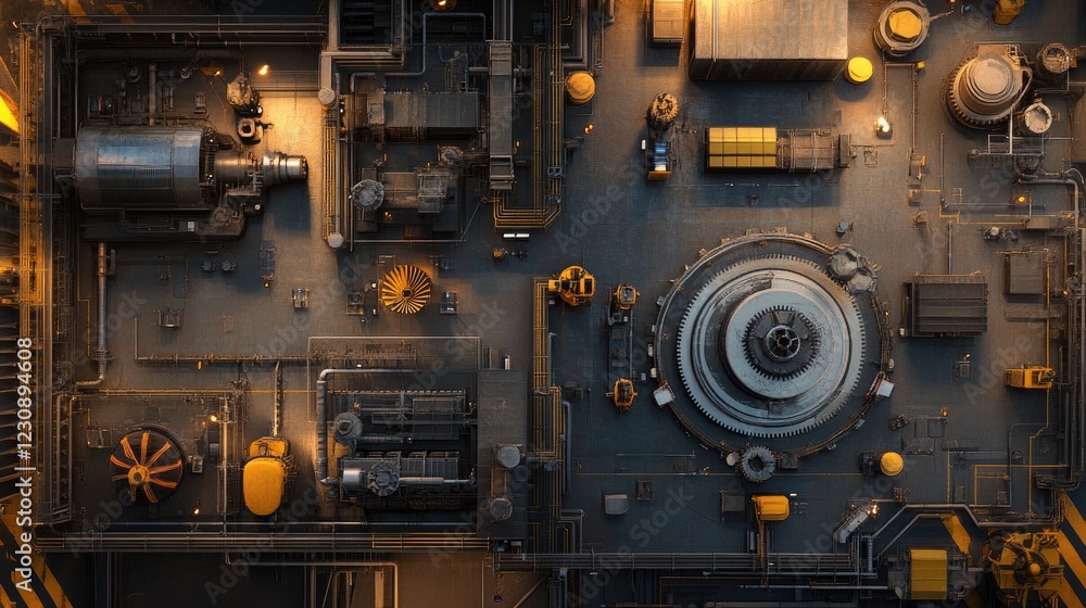 Poster a bird's-eye view of an intricate network of gears and mechanical parts, creating a seamless industr