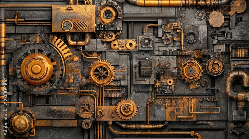 Poster a bird's-eye view of an intricate network of gears and mechanical parts, creating a seamless industr