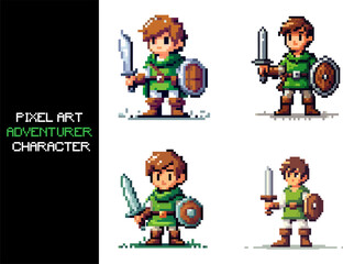 A pixel art depiction of an 8 bit adventurer character.