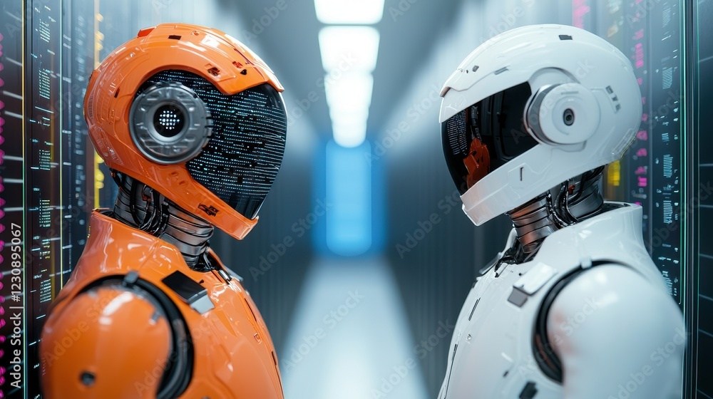 Poster two futuristic robots in a high-tech data center corridor