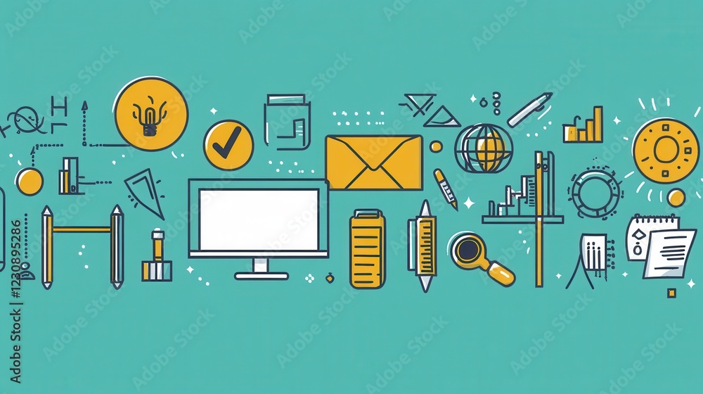 Poster creative workspace illustration with tools for design and development