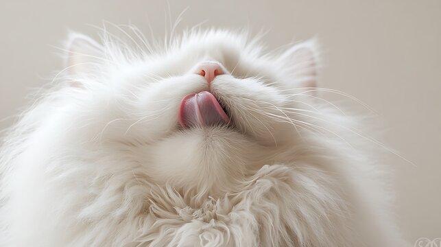 Fluffy white cat with a distinct face licking its lips, showcasing detailed whiskers and soft fur texture against a neutral background