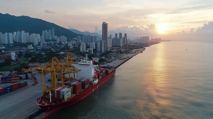 Naklejka premium Aerial View of Container Ship Docked at Port with City Skyline and Sunset Reflection on Water