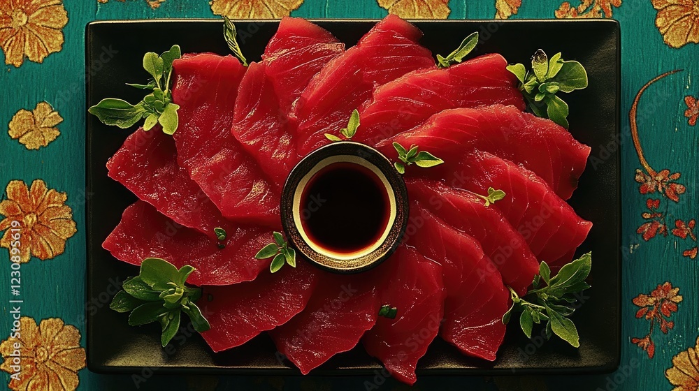 Poster a close-up of tuna sashimi arranged in a fan-like pattern on a rectangular black plate, with a small