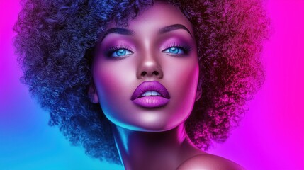 Fototapeta premium A stunning woman with curly hair and vibrant makeup against a colorful background.