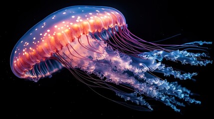 Vibrant jellyfish gracefully swimming in dark ocean waters