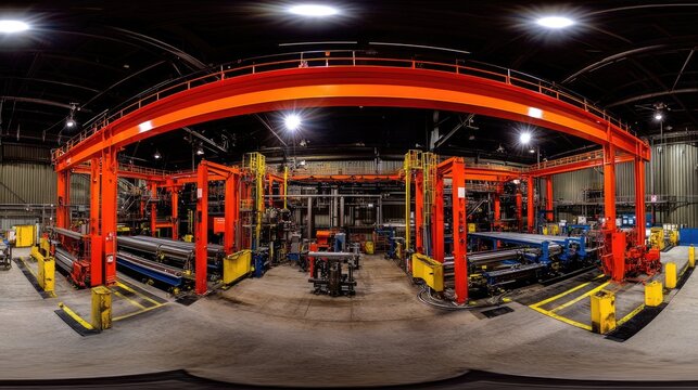 A dimly lit steel plant with overhead cranes, moving conveyor belts, and molten metal casting stations.