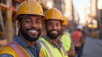 Smiling construction workers on a busy construction site during golden hour. Generative AI