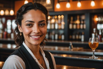 close portrait of a 40s smiling Moroccan female bartender against blurred bar background