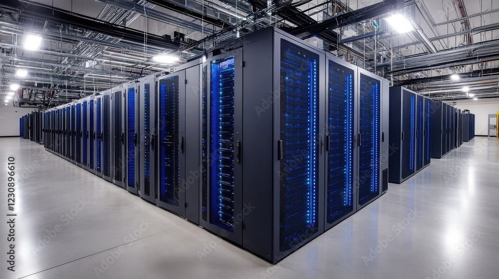 Poster a futuristic, high-tech data processing center with glowing blue server racks, creating a sleek indu