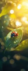 Ladybug on Dewy Leaf, Sunlight, Garden, Nature Poster