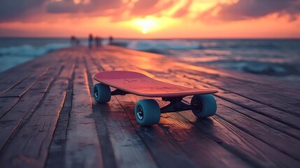 A skateboard is sitting on a wooden pier at sunset