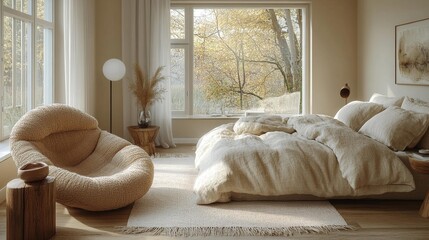 Cozy Scandinavian Bedroom with Soft Beige Tones and Natural Light. Generative AI