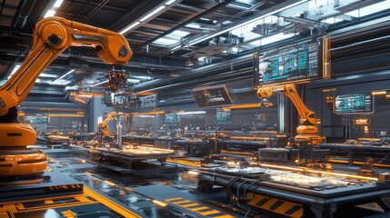 A futuristic industrial setting with illuminated control panels, robotic arms, and automated assembly lines.