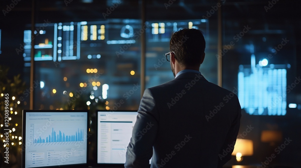 Poster man in suit observes financial data on multiple computer screens at night