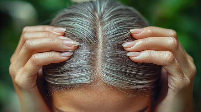 Woman Gently Touches Her Graying Hair Part