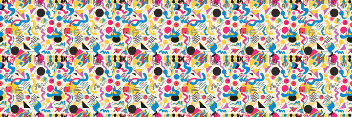 Seamless pattern with geometric shapes in the style. Multicolored vintage background with triangles, circles and squares for textile, fabric and Sudanese fabric art. 