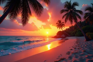 Palm trees sway gently in the warm breeze as the sun dips below the horizon, illuminating the beach in a fiery glow , light, texture, water
