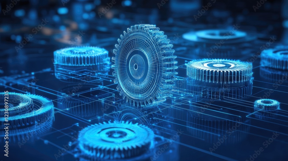 Poster a high-tech rendering of a digital gear system in motion, glowing with blue light and futuristic aes