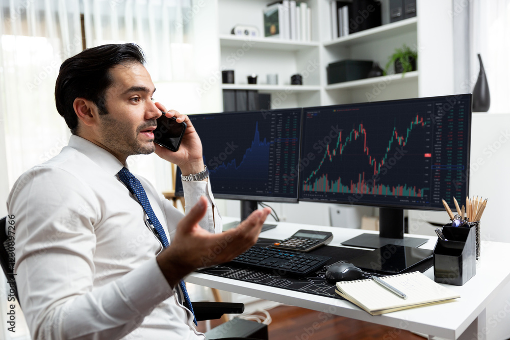Poster trader businessman calling to consultant or partner with two stock exchange investment, compare data