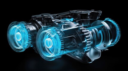 A high-tech rendering of a digital gear system in motion, glowing with blue light and futuristic aesthetics.