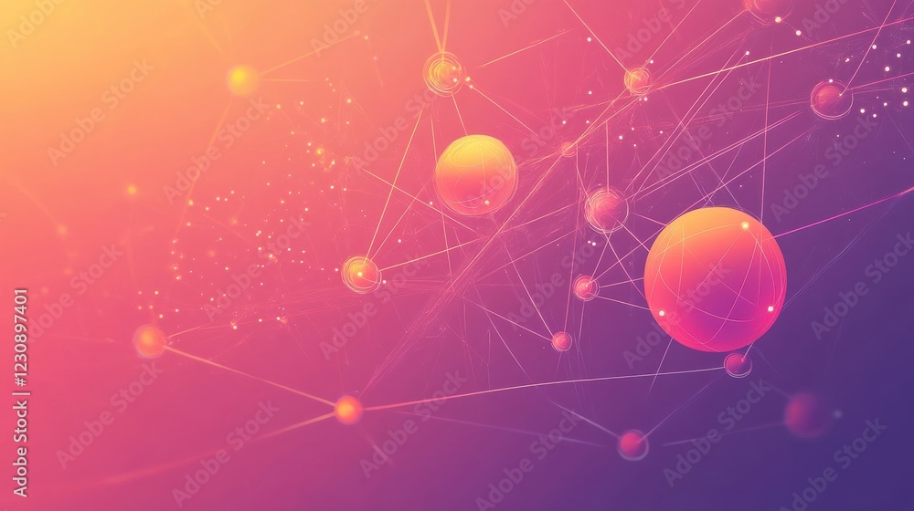 Poster abstract colorful network of spheres and lines in digital space