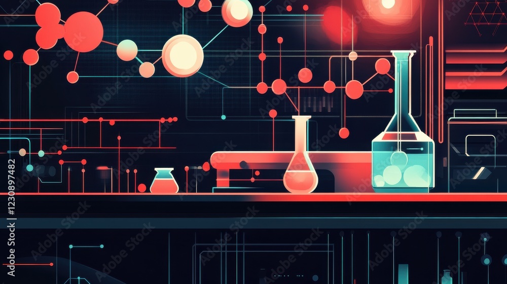 Poster abstract laboratory scene with colorful beakers and molecular structures