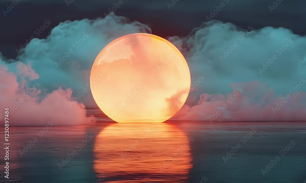 Poster glowing orb reflecting on calm sea, cloudscape background