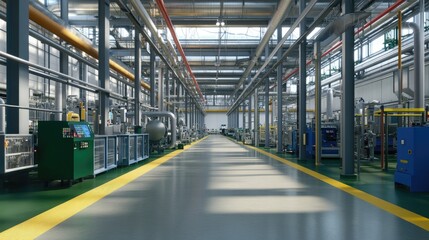 Fototapeta premium A massive factory floor with steel pipe assemblies, industrial control panels, and structured work areas.