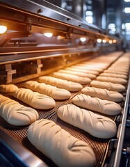 Obraz premium Freshly prepared dough loaves baking in industrial oven