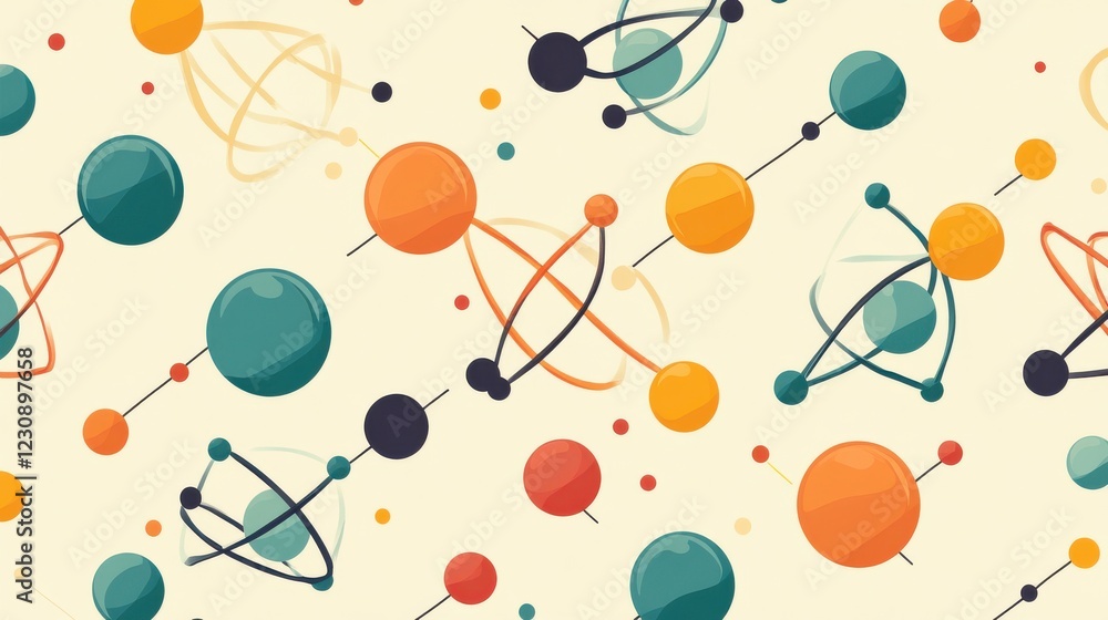 Poster abstract pattern of atoms and planets in vibrant colors and shapes