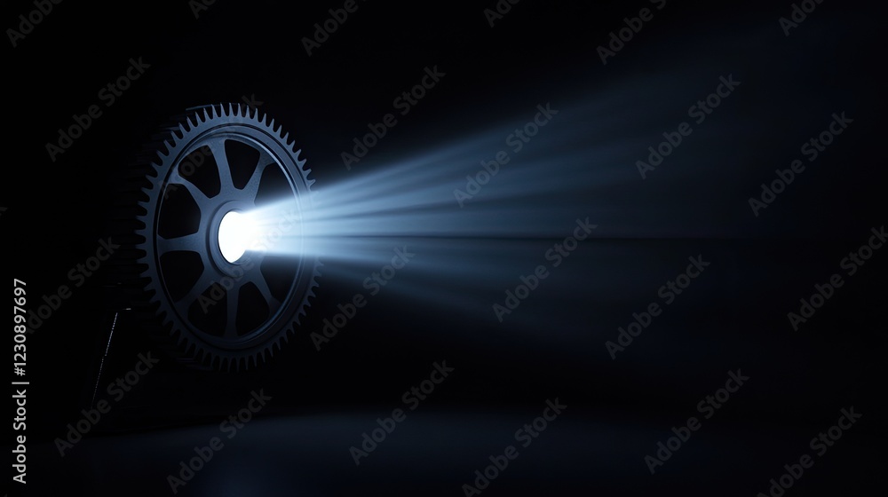 Poster a minimalist dark background with a single large gear illuminated by soft directional light, creatin