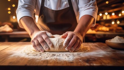 A baker in a white uniform kneads fresh dough on a floured wooden table under warm lighting, showcasing craftsmanship and traditional bread-making