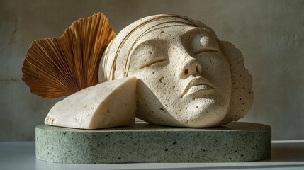 Elegant abstract stone sculpture with natural palm accents. Generative AI