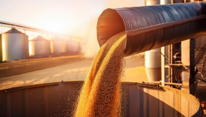Grain being transferred from storage pipe at processing plant