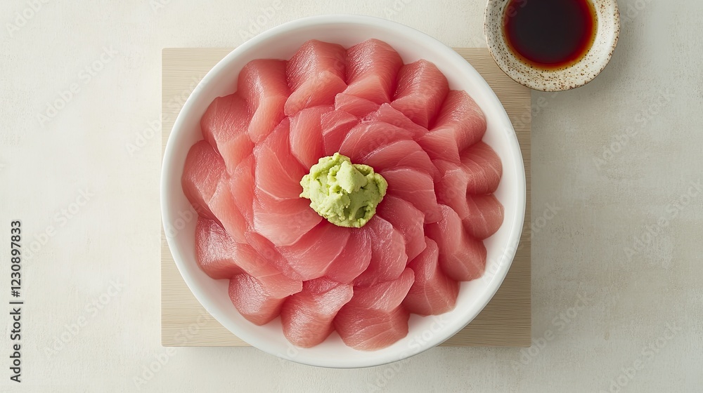 Poster a minimalist setup with thinly sliced tuna sashimi arranged in a circular pattern, placed on a light