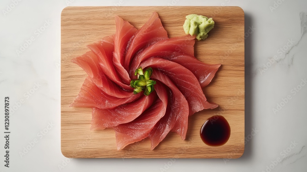 Poster a minimalist setup with thinly sliced tuna sashimi arranged in a circular pattern, placed on a light