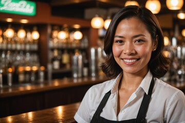 close portrait of a 40s smiling Filipino female bartender against blurred bar background