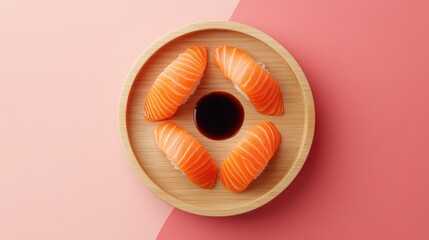 A minimalist sashimi platter featuring thin slices of salmon, tuna, and mackerel arranged symmetrically on a wooden plate with soy sauce.