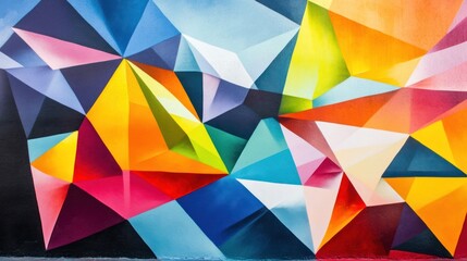 Fototapeta premium Colorful murals adorn the sides of the building featuring a mix of geometric shapes and bright colors under a clear sky,