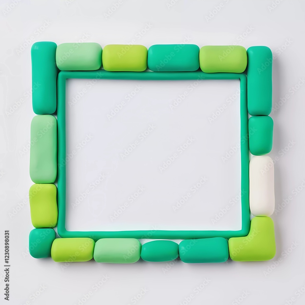 Poster rectangular frame outlined in green and white elements stands against a minimalist background, invit