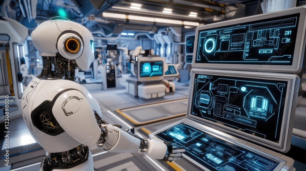 Poster a modern smart factory with interconnected robotic systems, glowing digital displays, and a high-tec