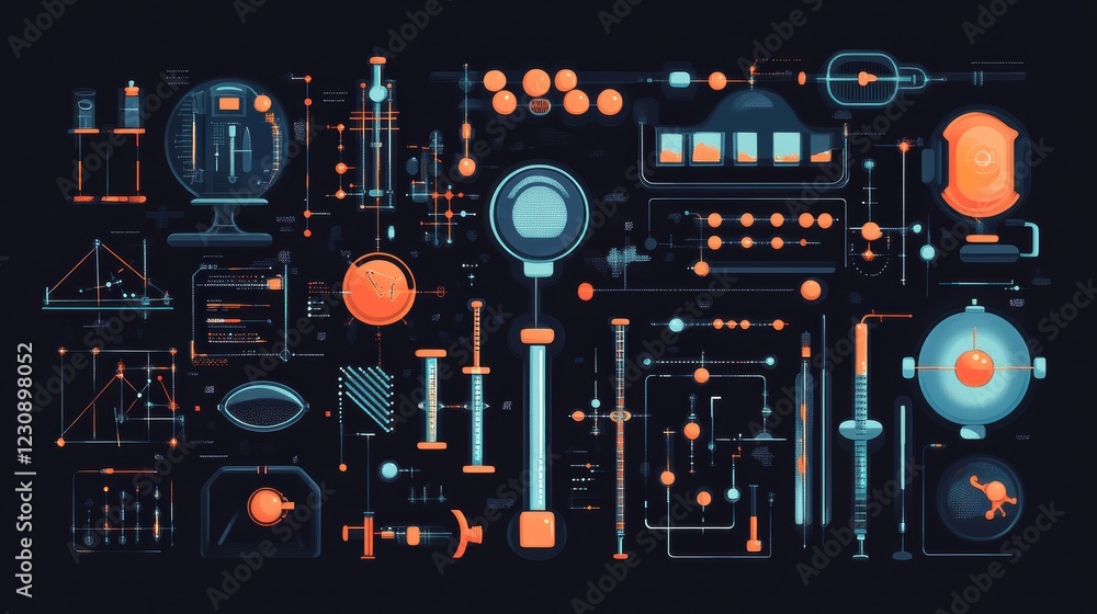 Poster abstract futuristic data visualization with neon elements and charts