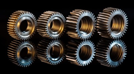 A modern, polished set of gears with a clean, reflective metal surface, arranged against a dark industrial backdrop.