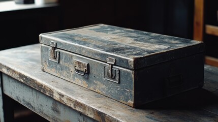 Fototapeta premium A rugged, industrial-style toolbox with metal latches and scratches, resting on a weathered steel workbench.