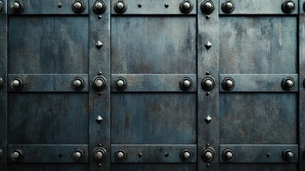 Fototapeta premium A seamless grid of metal plates with bolts and rivets, forming an industrial mechanical backdrop.