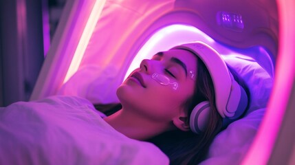 Woman Relaxing in a Purple Light Therapy Pod
