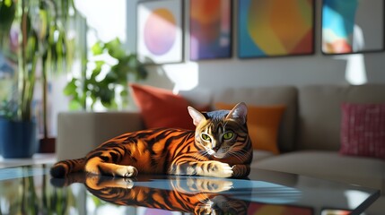 A relaxed Bengal cat lounging on a glass table in a sunlit living room filled with vibrant wall art and colorful cushions