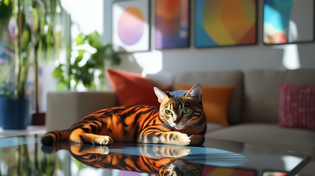 A relaxed Bengal cat lounging on a glass table in a sunlit living room filled with vibrant wall art and colorful cushions