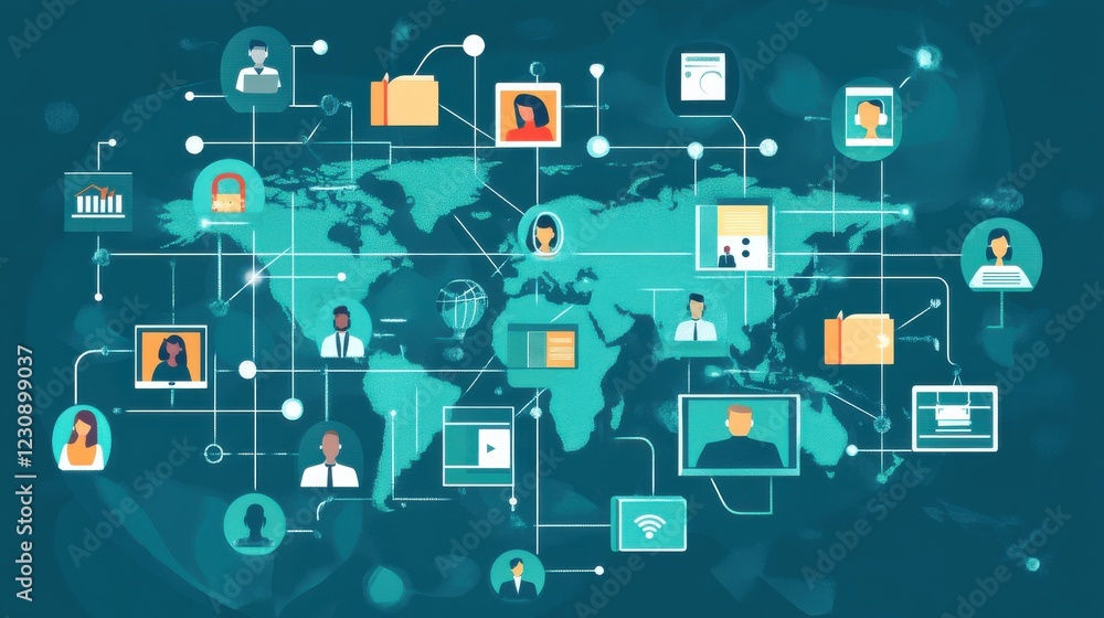 Poster global network connection concept with people and data visualization